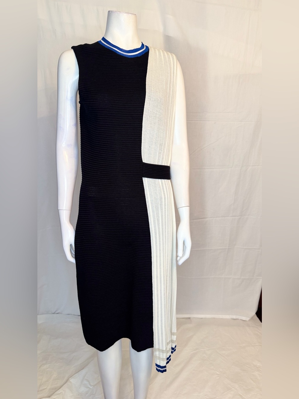 ADEAM Black and White Sleeveless Colorblock Midi Dress